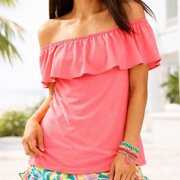 Lilly Pulitzer Tops - Lilly Pulitzer La Fortuna Off Shoulder Ruffle Top Hot Pink Knit XS Barbiecore